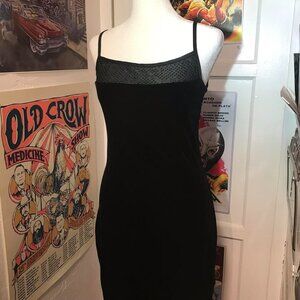 VINTAGE 90s Black Velvet Velour, mesh-like front and back design dress.